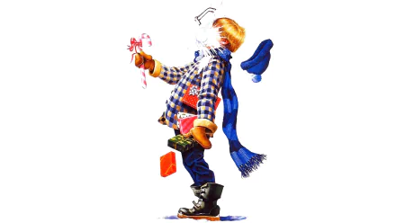 HD PC desktop wallpaper: A Christmas Story movie illustration of a red-haired boy in a plaid coat and scarf holding a candy cane and small toy bird on a white background.