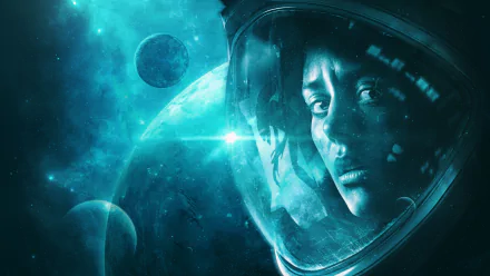 HD PC desktop wallpaper from the video game Alien: Isolation, featuring a close-up of a space-suited character with planets and stars in the background.