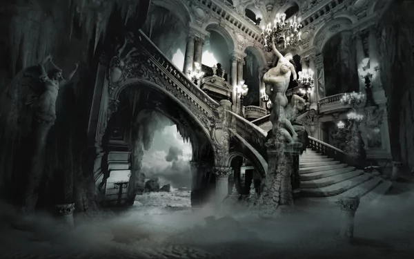 A captivating HD wallpaper featuring a grand, eerie interior with ornate architecture, a dramatic staircase, and ghostly fog, enhanced through skilled manipulation techniques.