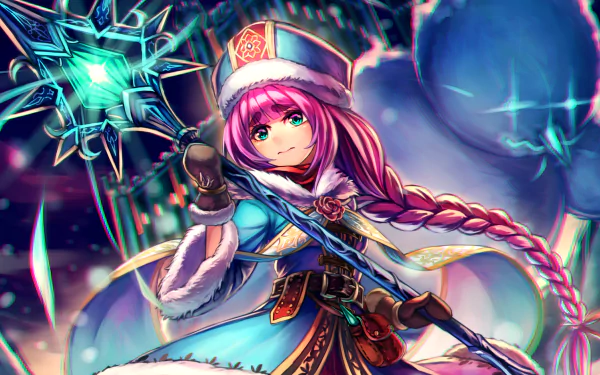 A vibrant anime character with a braid holds a magical staff, dressed in a winter-themed outfit, set against a colorful, fantastical backdrop. An engaging HD desktop wallpaper.
