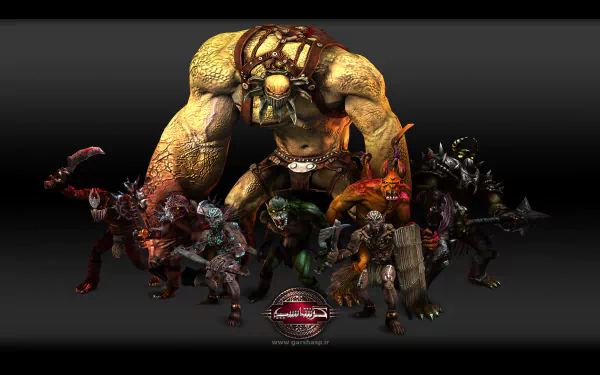 HD PC desktop wallpaper/background for the video game Garshasp: Monster Slayer featuring a towering Garshasp monster looming over a pack of snarling creature minions.
