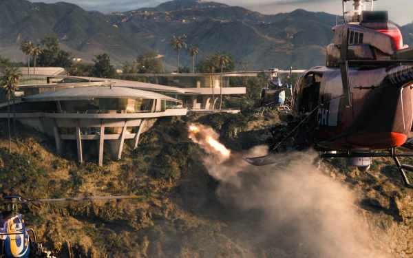 An HD desktop wallpaper from Iron Man 3, featuring a futuristic building and a helicopter amidst a dramatic landscape, capturing an action-packed moment from the film.