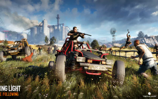 An HD desktop wallpaper from the video game Dying Light, featuring a character with a weapon in a modified vehicle amidst a vibrant, post-apocalyptic landscape.
