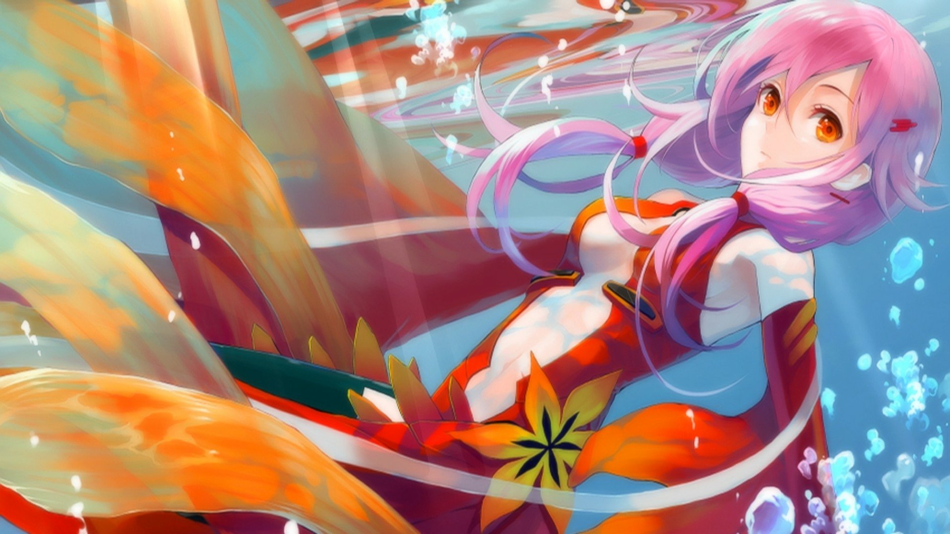 A vibrant HD desktop wallpaper featuring an anime character from Guilty Crown, submerged in water with flowing colorful elements, creating a dynamic and enchanting scene.