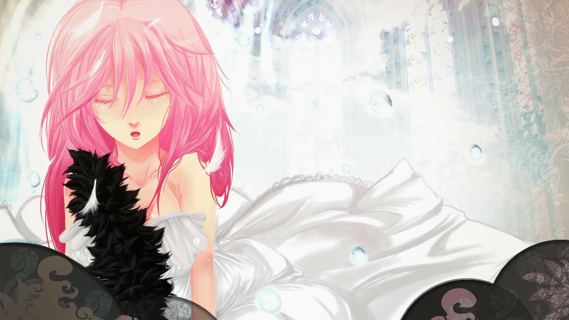 HD anime desktop wallpaper featuring a pink-haired character from Guilty Crown in a soft, dreamy setting with light and water droplets effects.