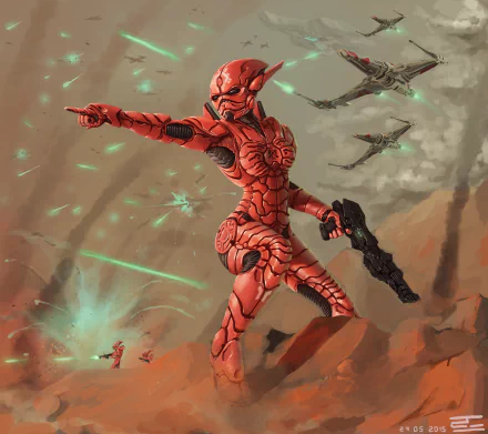 A fierce sci-fi woman warrior in red armor, wielding a futuristic gun amidst a battle landscape, captured in stunning 4K Ultra HD for PC desktop wallpaper.