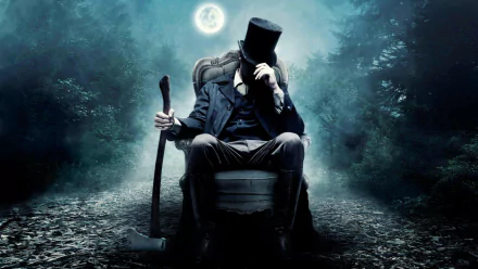 HD desktop wallpaper featuring Abraham Lincoln from the movie Abraham Lincoln: Vampire Hunter, sitting in a dark forest with an axe under a full moon.