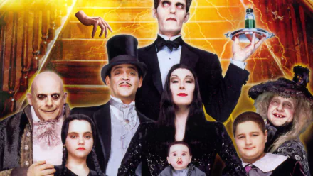 HD PC desktop wallpaper of the macabre Addams Family characters from the movie Addams Family Values posing on a staircase.