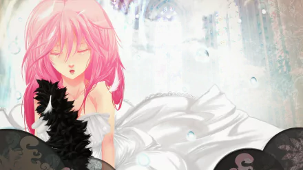 HD anime desktop wallpaper featuring a pink-haired character from Guilty Crown in a soft, dreamy setting with light and water droplets effects.