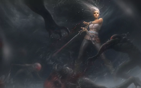 HD wallpaper featuring Ciri from the video game The Witcher 3: Wild Hunt, showing her fighting monsters in a dynamic action scene with a dark and stormy background.