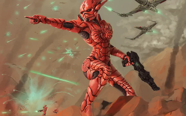 A fierce sci-fi woman warrior in red armor, wielding a futuristic gun amidst a battle landscape, captured in stunning 4K Ultra HD for PC desktop wallpaper.