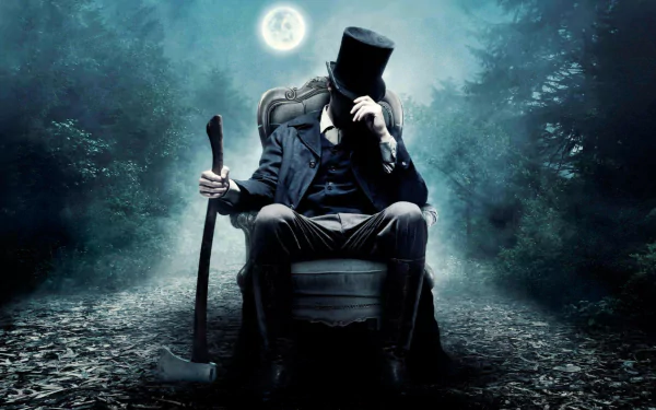 HD desktop wallpaper featuring Abraham Lincoln from the movie Abraham Lincoln: Vampire Hunter, sitting in a dark forest with an axe under a full moon.