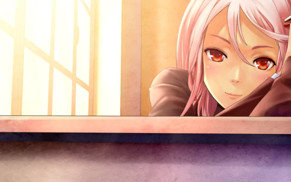 Anime-themed HD desktop wallpaper from *Guilty Crown*, featuring a character with light pink hair and expressive brown eyes, gazing thoughtfully from a window with warm sunlight.