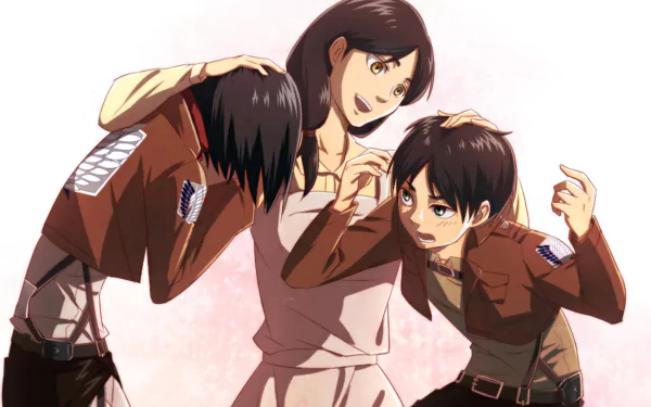 HD desktop wallpaper featuring Carla Yeager with Mikasa Ackerman and Eren Yeager from the anime Attack on Titan. Mikasa and Eren are wearing their Survey Corps uniforms while Carla embraces them warmly.