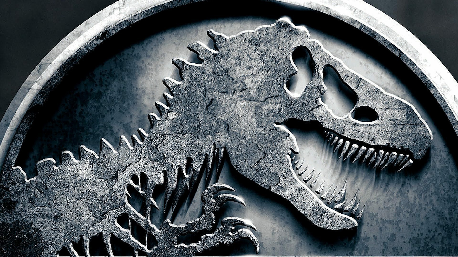 A dramatic HD wallpaper featuring the iconic Jurassic World logo, with a textured T. rex silhouette against a dark background, capturing the essence of the Jurassic franchise.