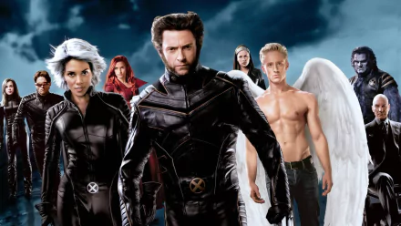 HD desktop wallpaper featuring key X-Men characters from the movie X-Men: The Last Stand, including Wolverine, Storm, Jean Grey as Phoenix, Cyclops, Kitty Pryde, and Angel.
