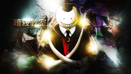 Koro-sensei from *Assassination Classroom* appears in this HD wallpaper, showcasing his iconic smile and suit against a vibrant, abstract background.