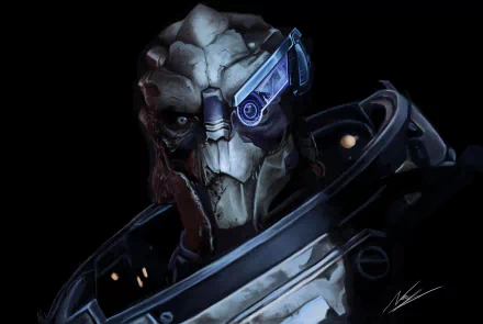 HD desktop wallpaper featuring Garrus Vakarian from the video game Mass Effect, depicted with his signature visor and armor in a dark, moody setting.