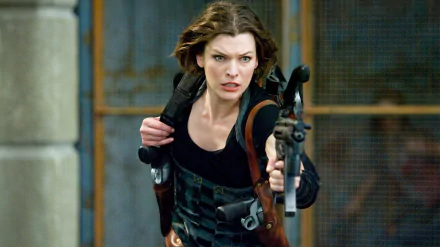 HD desktop wallpaper featuring Milla Jovovich in action from the movie Resident Evil: Afterlife, aiming her gun with intense focus.