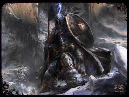 Dark fantasy warrior clad in heavy armor, holding a spear and shield, stands ready amidst a stormy, rocky battlefield in this HD PC desktop wallpaper.