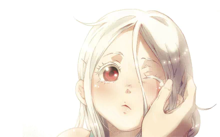 A close-up of Shiro from the anime Deadman Wonderland, featuring her soft features and striking red eyes, set against a light background. This HD image serves as a captivating desktop wallpaper.