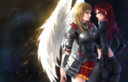 HD PC desktop wallpaper of the video game League of Legends: Morgana with white wings and armor faces red‑haired Katarina in a dark outfit, sharing an intense stare.