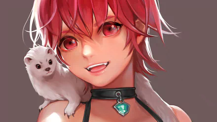 A vibrant anime character with fangs and striking red hair smiles playfully, accompanied by a small ferret. This original artwork serves as a captivating HD desktop wallpaper.