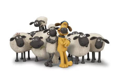 HD wallpaper from Shaun the Sheep Movie featuring Shaun and his flock with Bitzer the dog posing confidently.