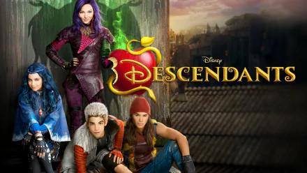 HD desktop wallpaper featuring characters from the movie Descendants, with the title and logo prominently displayed amid a backdrop of a cityscape at sunset.
