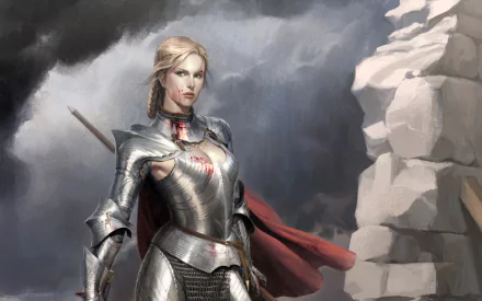 2K Quad HD PC desktop wallpaper: fantasy woman warrior in gleaming plate armor and red cape, standing by crumbling stone battlements beneath stormy skies.