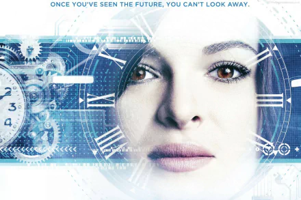 A captivating HD desktop wallpaper featuring a woman's face blended with a digital clock and futuristic elements, evoking themes of time and technology for an engaging movie vibe.