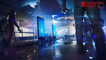 HD PC desktop wallpaper from the video game Mirror's Edge Catalyst, featuring a futuristic cityscape with neon lights and characters in a rainy urban environment.