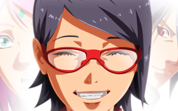 HD desktop wallpaper featuring Sarada Uchiha smiling with closed eyes, set against faded images of Sakura Haruno and Sasuke Uchiha from the anime Boruto: Naruto the Movie.