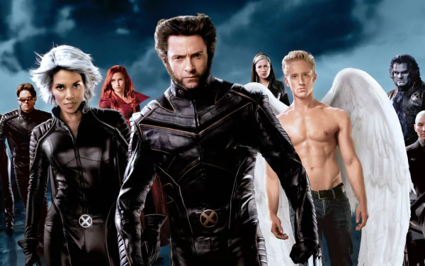 HD desktop wallpaper featuring key X-Men characters from the movie X-Men: The Last Stand, including Wolverine, Storm, Jean Grey as Phoenix, Cyclops, Kitty Pryde, and Angel.