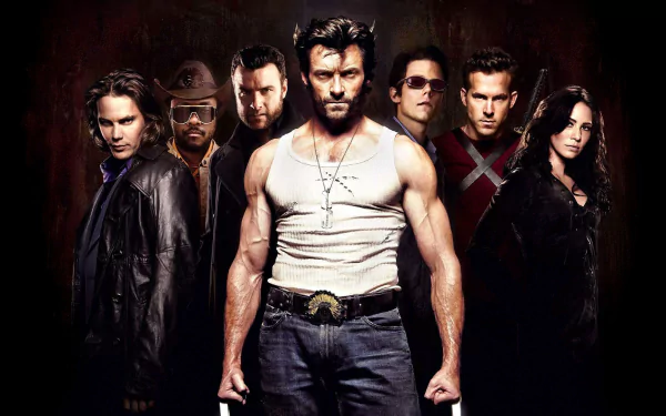 HD desktop wallpaper and background from the movie X-Men Origins: Wolverine, showcasing Wolverine at the forefront with other characters in a dramatic, intense group pose.