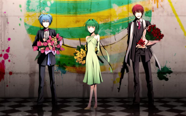 HD wallpaper of characters Kaede Kayano, Nagisa Shiota, and Karma Akabane from Assassination Classroom, standing in formal attire holding bouquets against a colorful graffiti backdrop.