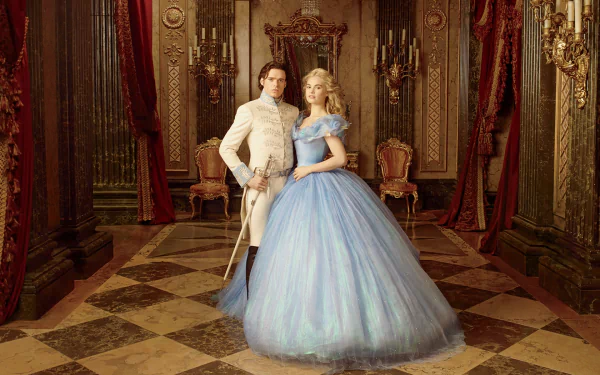 Richard Madden and Lily James as Prince Kit and Cinderella in a grand palace setting from the 2015 movie Cinderella, presented as an HD PC desktop wallpaper.