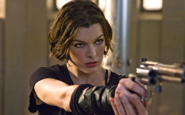 Milla Jovovich in a tense scene from the movie Resident Evil: Afterlife, featured in a 4K Ultra HD PC desktop wallpaper.