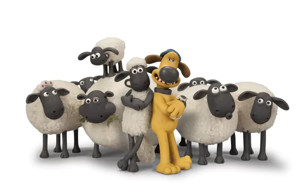 HD wallpaper from Shaun the Sheep Movie featuring Shaun and his flock with Bitzer the dog posing confidently.