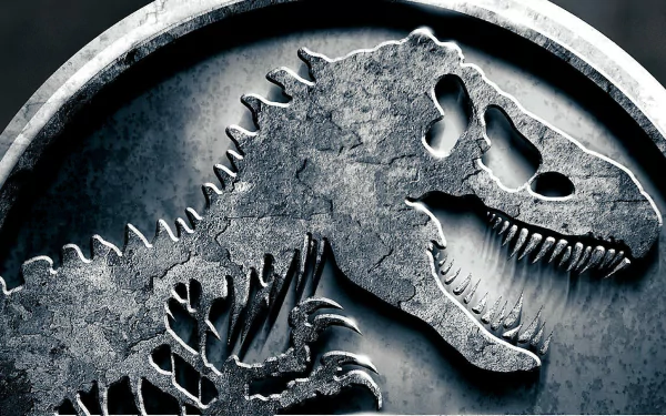 A dramatic HD wallpaper featuring the iconic Jurassic World logo, with a textured T. rex silhouette against a dark background, capturing the essence of the Jurassic franchise.