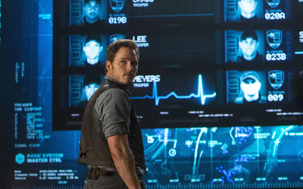 Chris Pratt stands in front of a futuristic screen filled with data, showcasing a scene from Jurassic World. This vibrant 4K Ultra HD wallpaper captures a moment of tension and adventure.