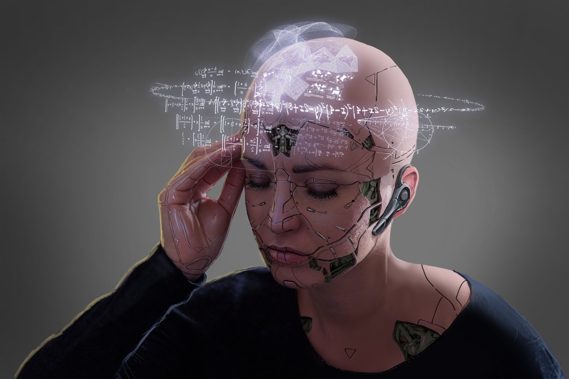 A detailed 4K Ultra HD sci-fi cyborg portrait showing a person with a cracked mechanical head, holographic circuits, and exposed cybernetic components on a dark background.