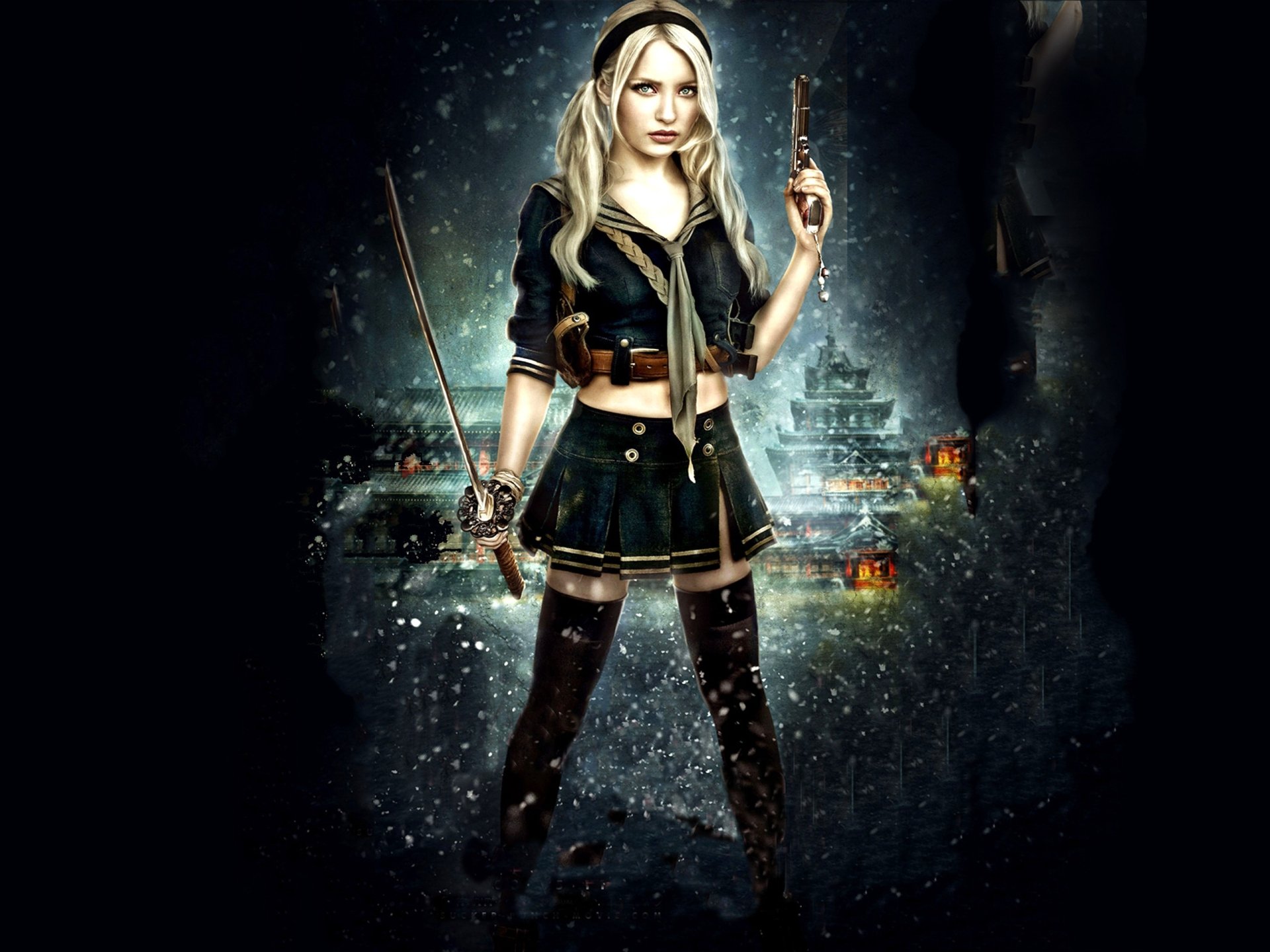HD desktop wallpaper featuring Emily Browning as a character from the movie Sucker Punch, dressed in a dark, stylized outfit with swords and a moody background.