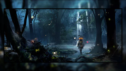 HD desktop wallpaper featuring a dark, eerie forest scene from the video game The Legend of Zelda: Majora's Mask, with the protagonist standing near a glowing pond.
