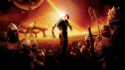 HD PC desktop wallpaper featuring Vin Diesel in character as Riddick, surrounded by armored warriors and an intense fiery background.