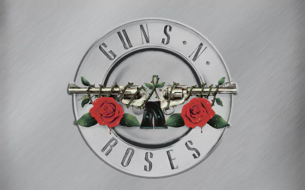 HD desktop wallpaper featuring the iconic Guns N' Roses logo with two crossed guns and red roses on a metallic silver background.