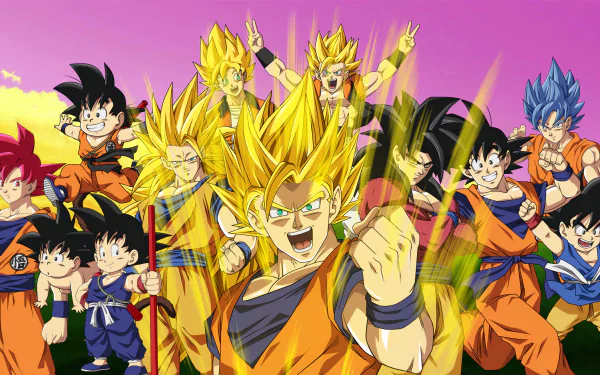 HD desktop wallpaper featuring multiple forms of Goku from Dragon Ball, including Ultra Instinct, Super Saiyan Blue, Super Saiyan God, and Super Saiyan, set against a vibrant background.