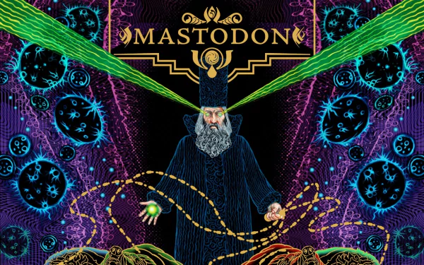 HD PC desktop wallpaper featuring Mastodon-themed artwork with a mystical figure, vibrant patterns, and cosmic elements conveying a music-inspired surreal atmosphere.