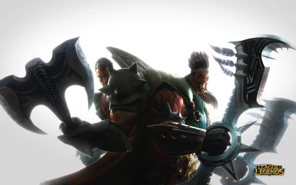 HD desktop wallpaper featuring Darius and Draven from League of Legends, showcasing their iconic weapons and dynamic poses against a dramatic background.