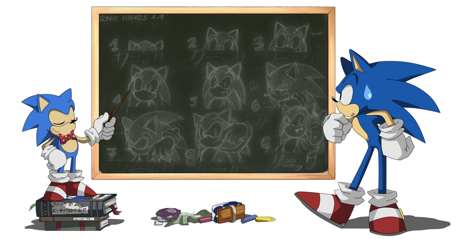 HD PC desktop wallpaper featuring Classic Sonic from Sonic the Hedgehog demonstrating drawing steps on a chalkboard, inspired by Sonic Generations.